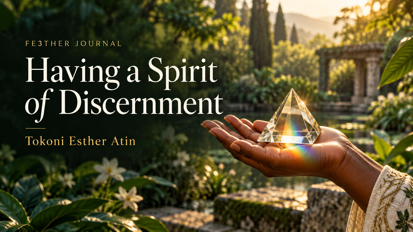 An open hand holds a crystal prism in golden garden light, with the title Having a Spirit of Discernment and author Tokoni Esther Atin.