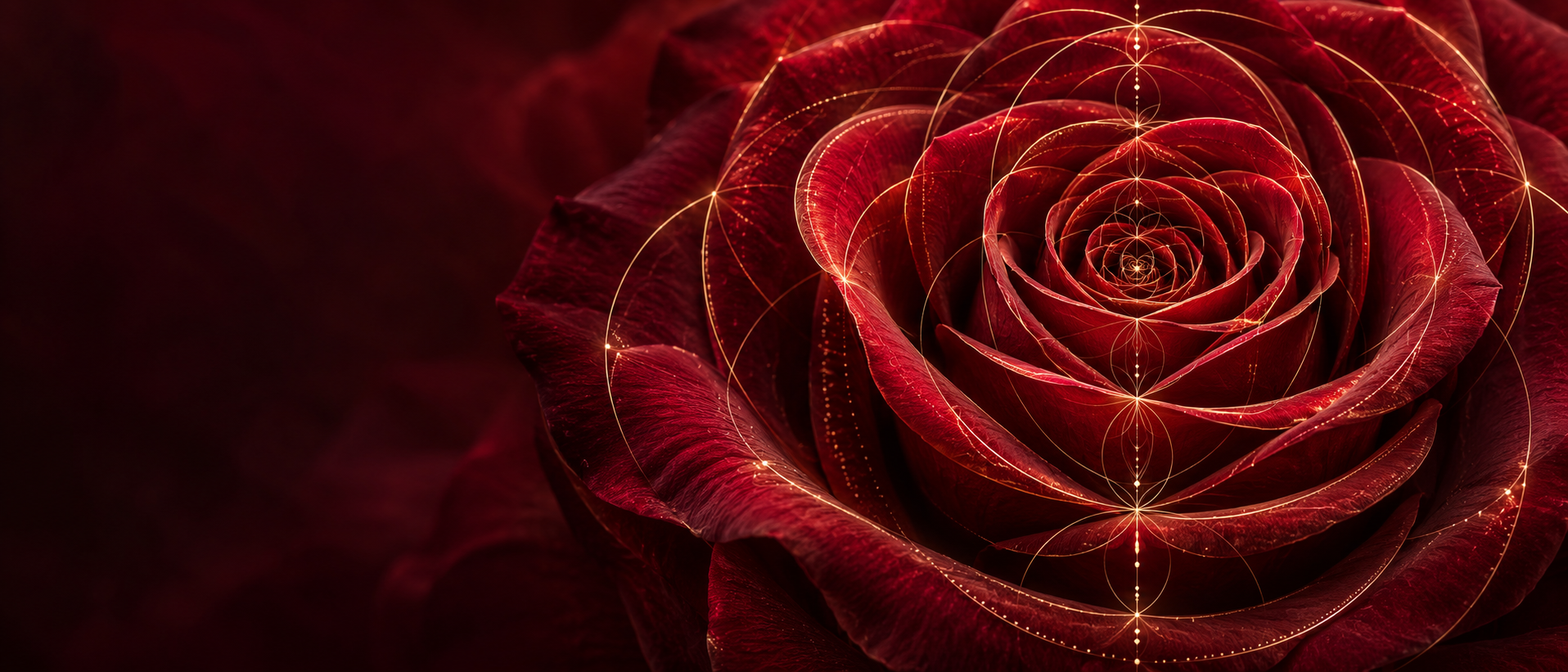 A deep red rose traced with luminous gold sacred geometry.