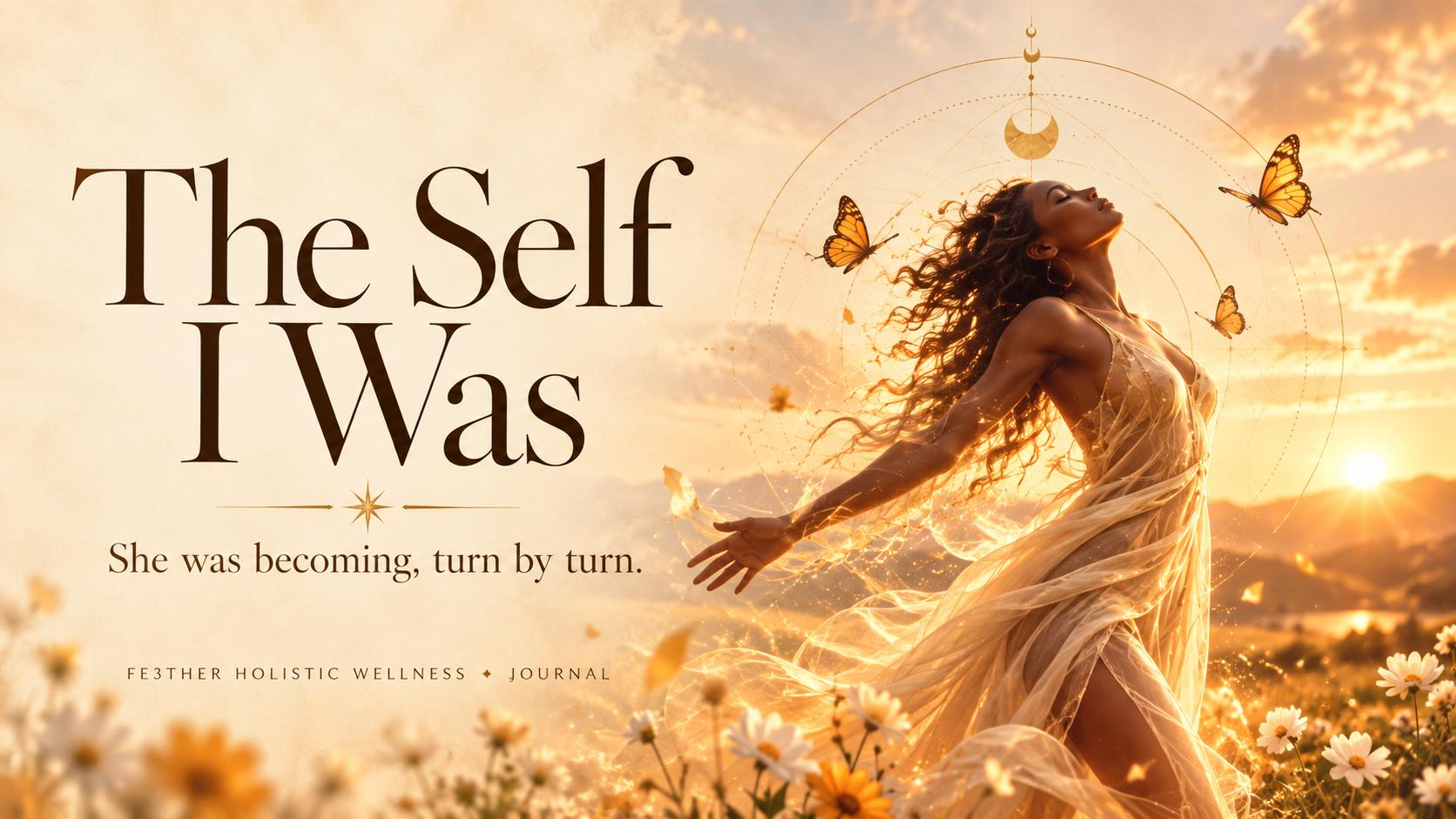 A woman in flowing champagne fabric opens her arms in golden sunlight with butterflies.